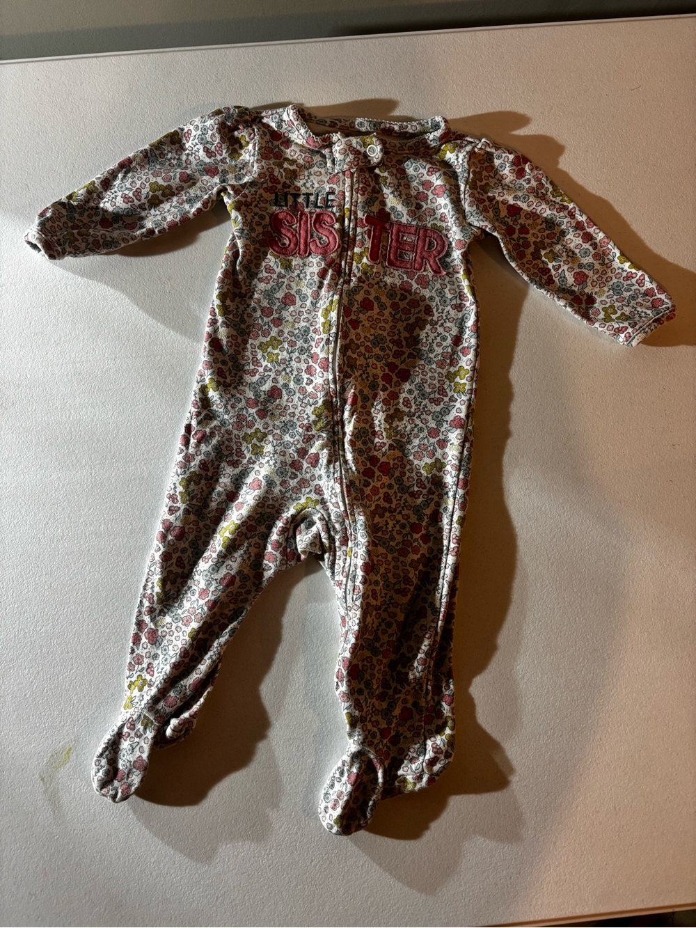Carter's Floral "Little Sister" Footed One-Piece - Pink, White & Green